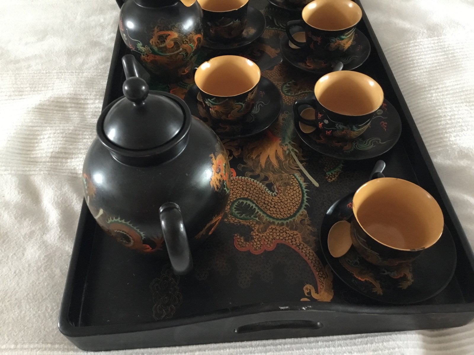 Vintage Chinees theeservies met drakenmotief fuzhou lakwerk, Ophalen of Verzenden