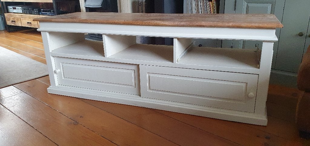 Landelijk TV-meubel met opbergruimte, Ophalen, Gebruikt, 100 tot 150 cm, Landelijk