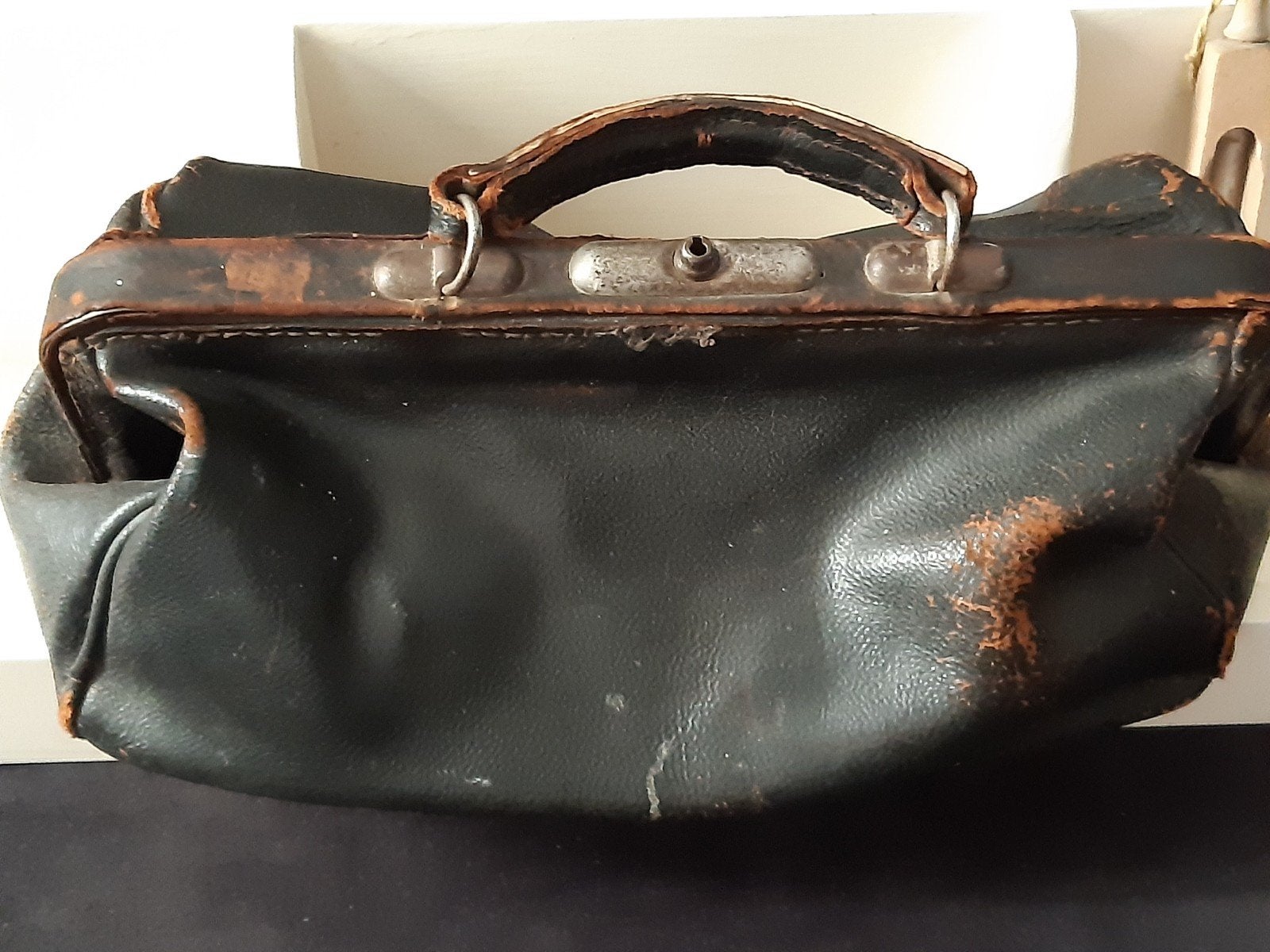 Gr leren dokterstas shabby ,stoer brocante, landelijk, Ophalen of Verzenden