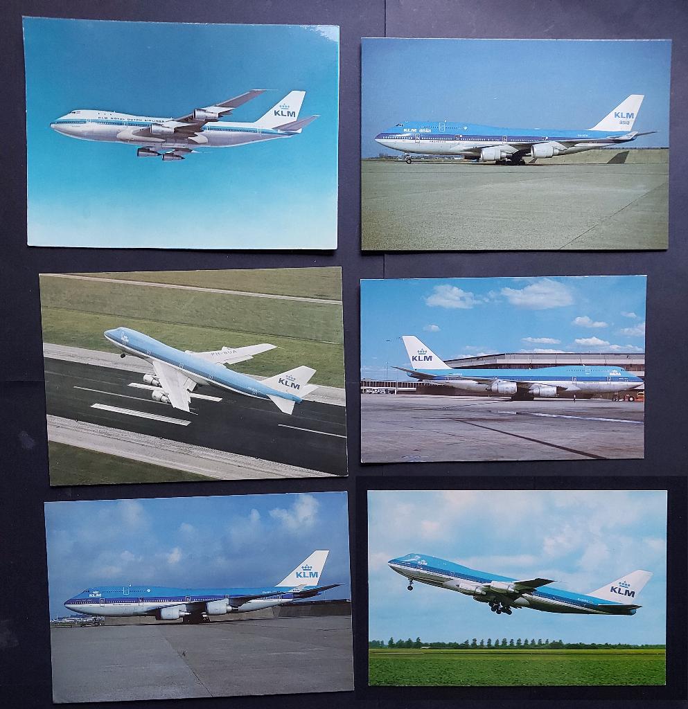 6 ansichtkaarten met de KLM Boeing 747 (A225), Verzamelen, Ophalen of Verzenden, Gebruikt, Kaart, Foto of Prent