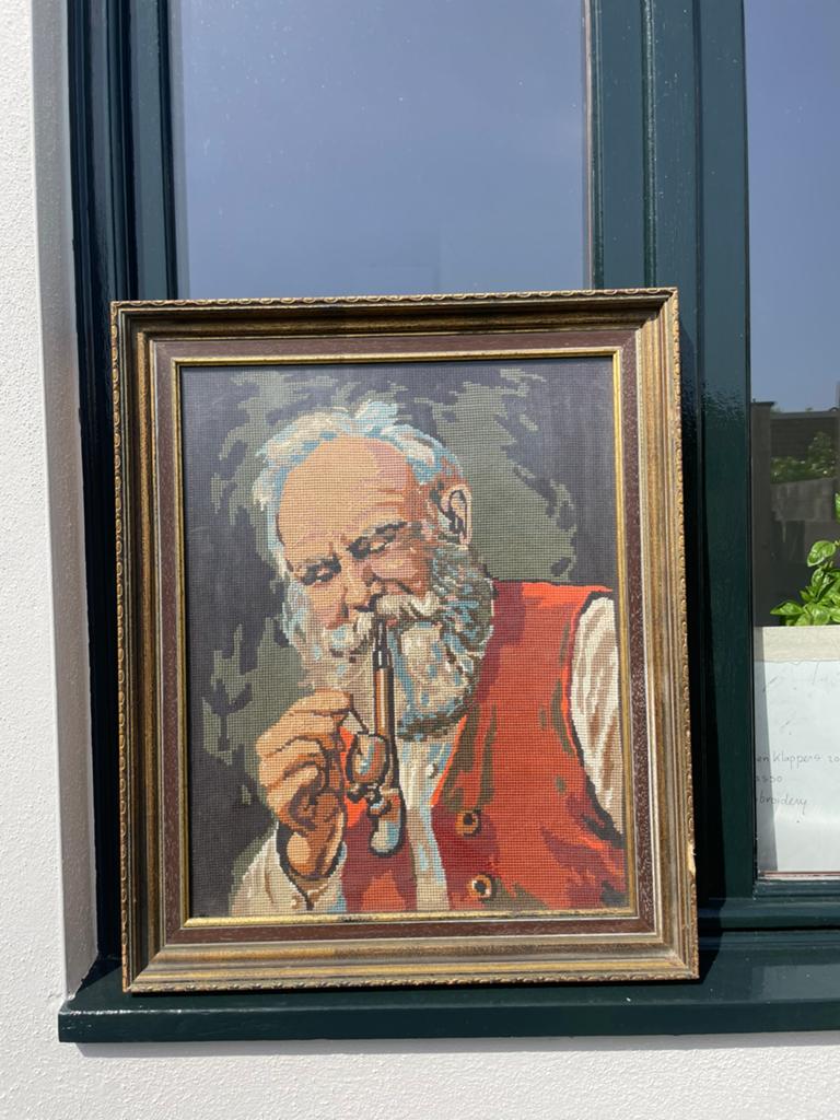 Vintage geborduurd jaren 70 schipper schilderij, Ophalen