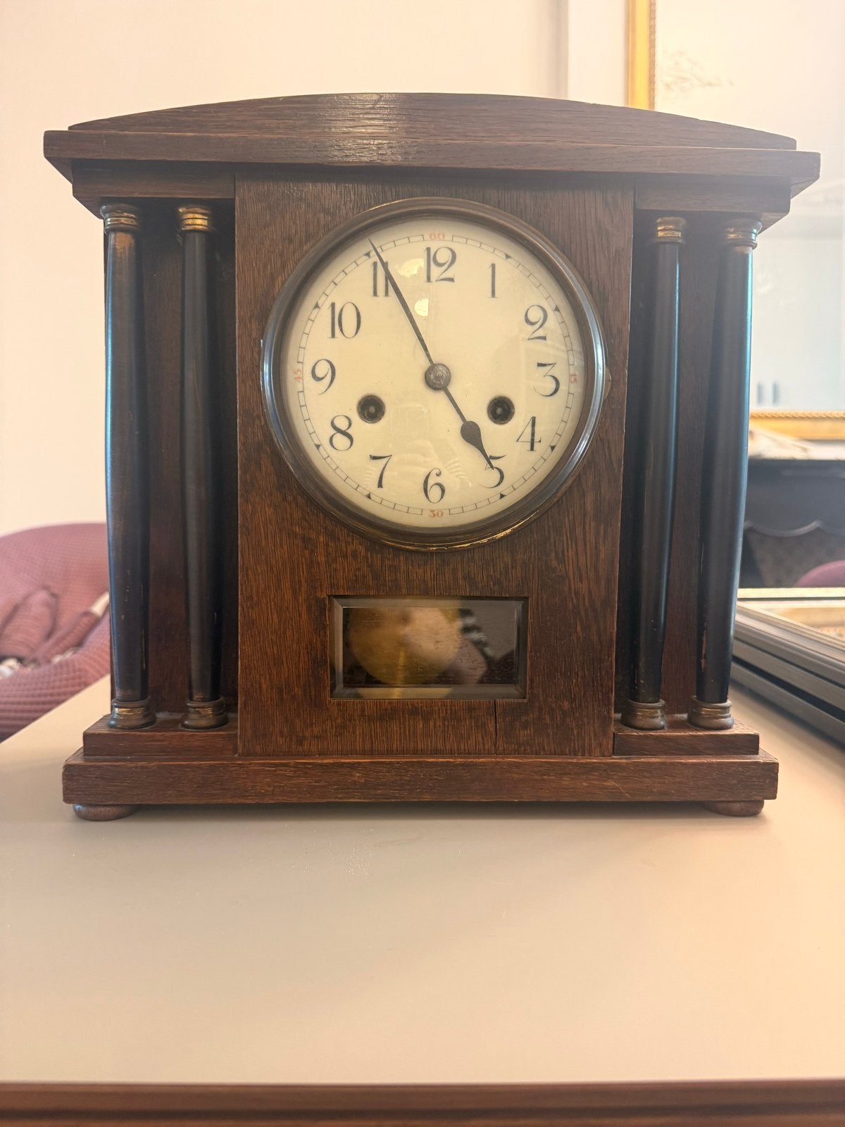 Antieke houten tafelklok met klepel, opwindbaar, Antiek en Kunst, Ophalen