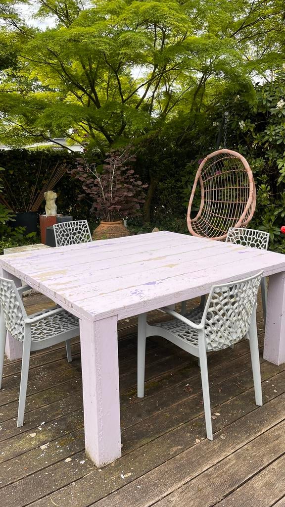 Steigerhouten tafel 136x154 cm, moet opnieuw gebeitst, Ophalen, Gebruikt, Vierkant, Hout