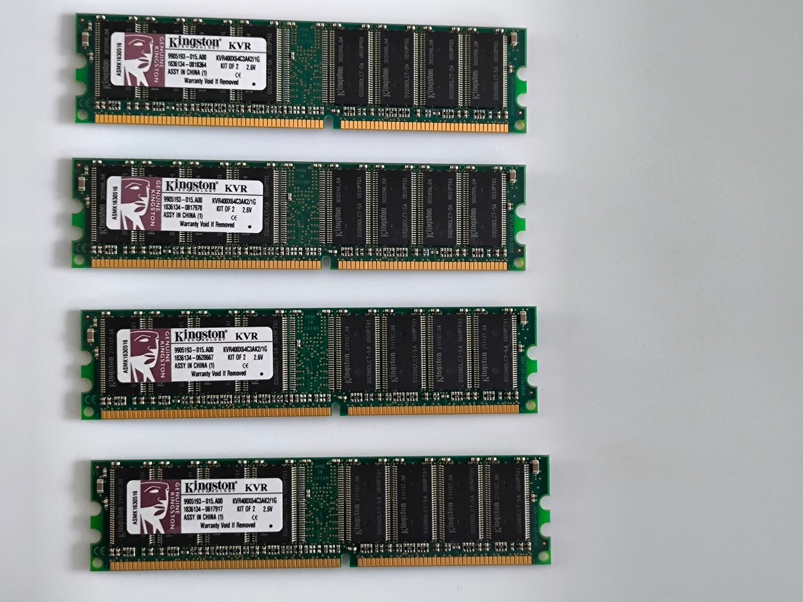 4x Kingston KVR400X64C3AK2/1G DDR RAM PC3200 Geheugen, Gebruikt, Onbekend, Ophalen of Verzenden, DDR