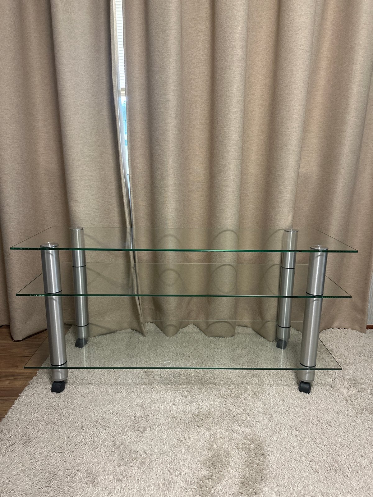 Glazen bijzettafel op wielen met 3 bladen, Huis en Inrichting, Ophalen, 100 tot 150 cm, Minder dan 100 cm, 25 tot 50 cm