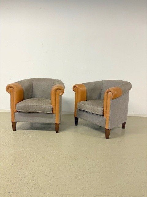 Prachtige leren clubfauteuils met cognac kleurige armkappen, Ophalen, Gebruikt, 75 tot 100 cm, Engels / Clubfauteuil / Klassiek