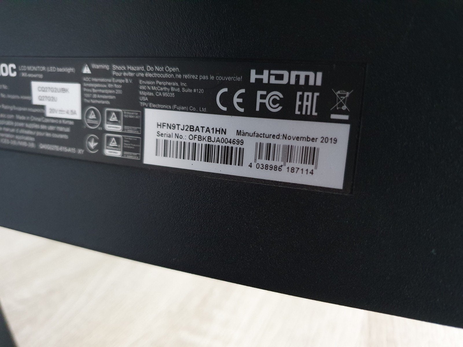 AOC CQ27G2U/BK 27 inch QHD Curved Gaming Monitor, 101 t/m 150 Hz, VA, Zo goed als nieuw, HDMI