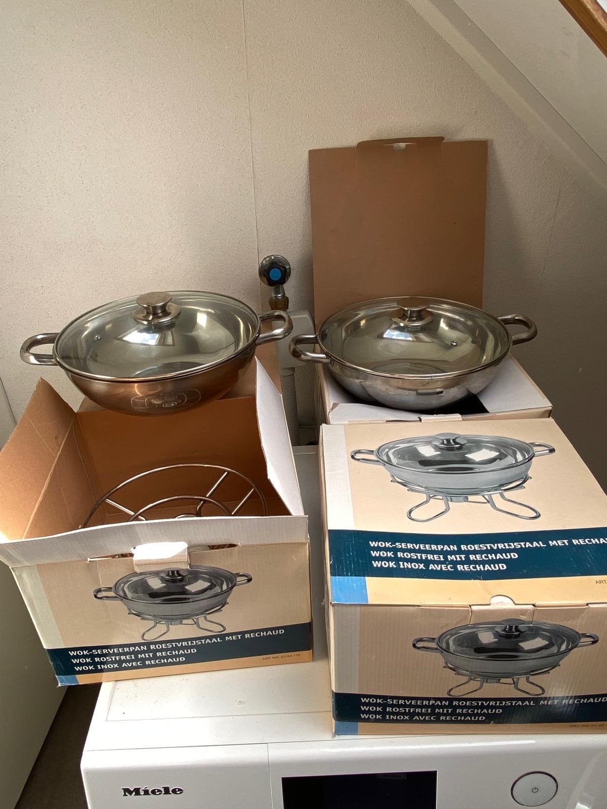 Wok-serveerpannen RVS met rechaud 3 stuks met glazen deksel, Ophalen, Overige typen, Zilver, Zo goed als nieuw