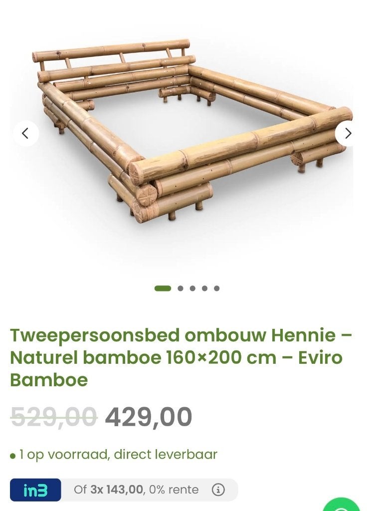Hennie Natural Bamboo Bed 160 x 200, Gebruikt, Beige, Tweepersoons, 200 cm