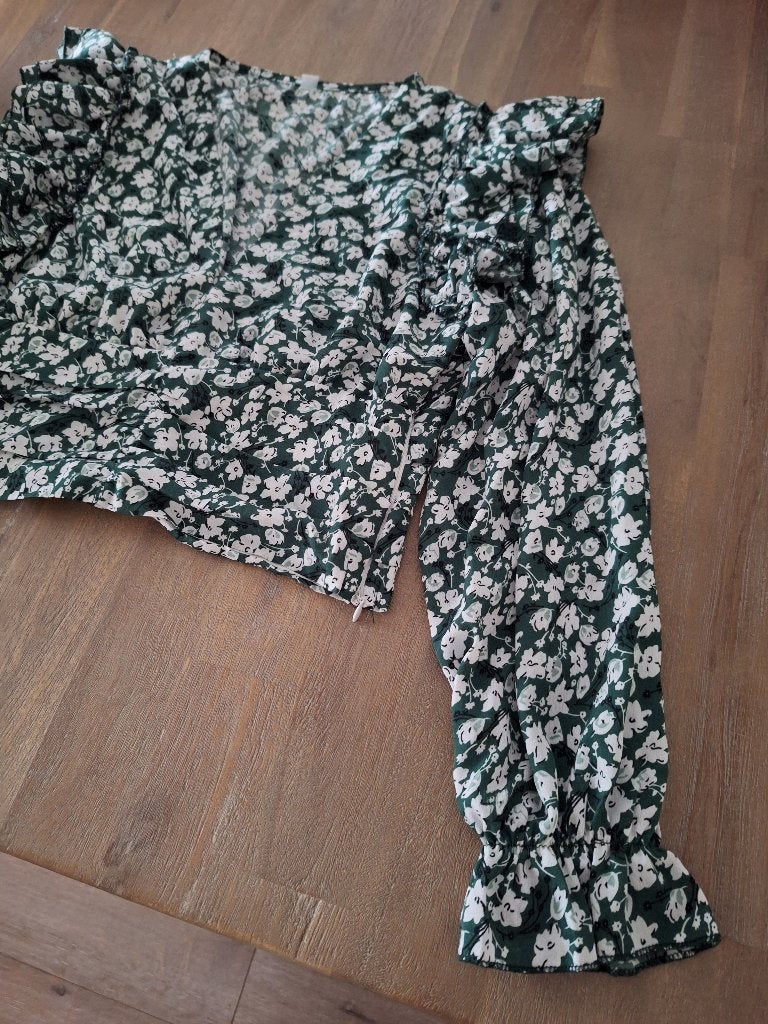 Groen wit gebloemde Shein top blouse, maat S, Ophalen of Verzenden, Zo goed als nieuw, Lange mouw, Maat 36 (S)