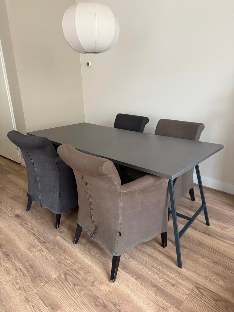 Tweekleurige bruine stoffen eetkamerstoelen (set van vier), Ophalen, Gebruikt, Bruin, Vier