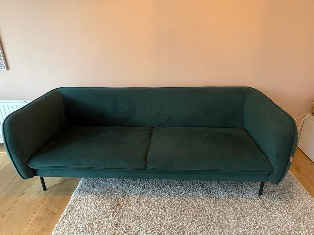 Groene velvet bank van Karwei, Ophalen, Driepersoons, 75 tot 100 cm, Zo goed als nieuw