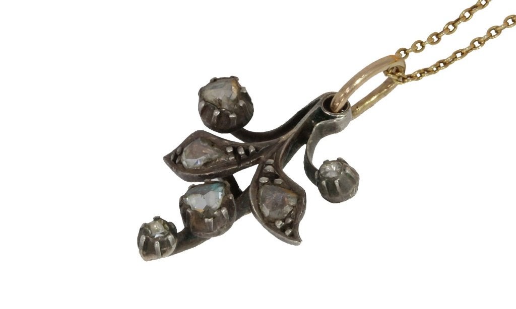 Roos diamant antieke 14k gouden ketting en hanger dames, Ophalen of Verzenden, Goud, Ketting, Met edelsteen