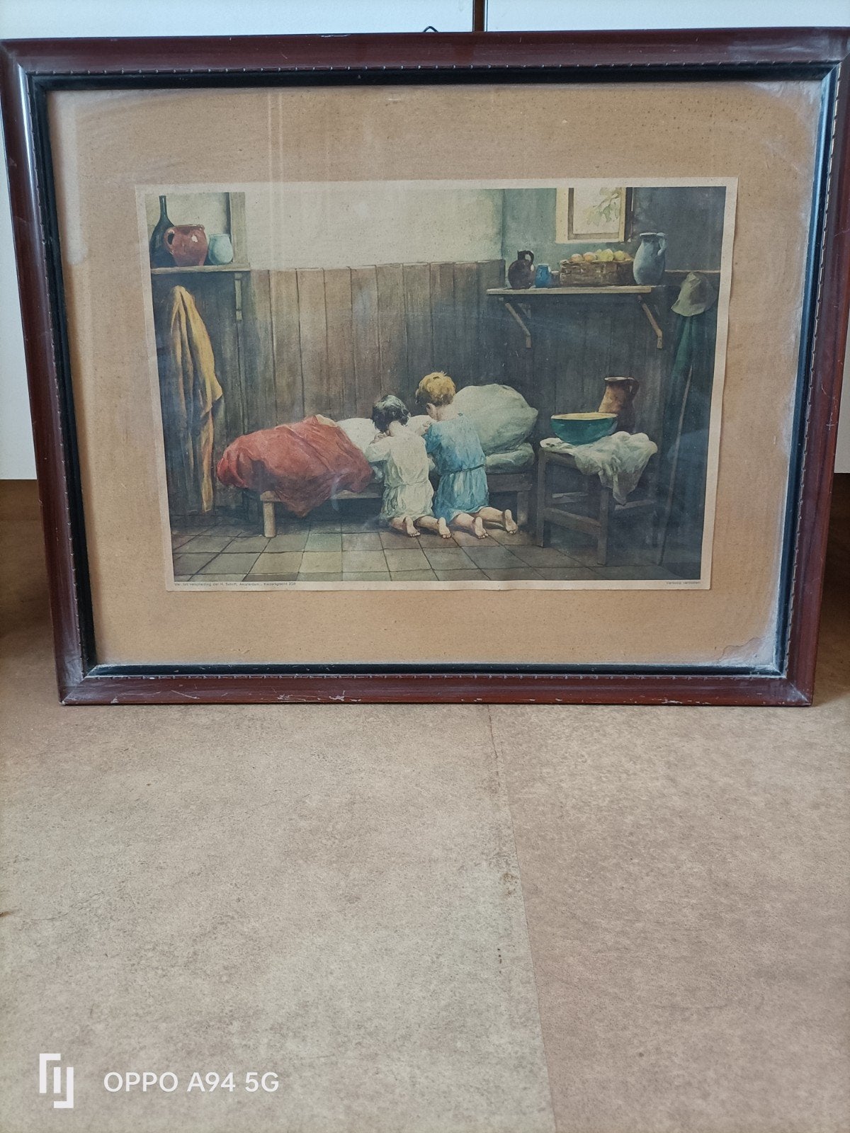 Vintage print van biddende kinderen in houten lijst, Ophalen