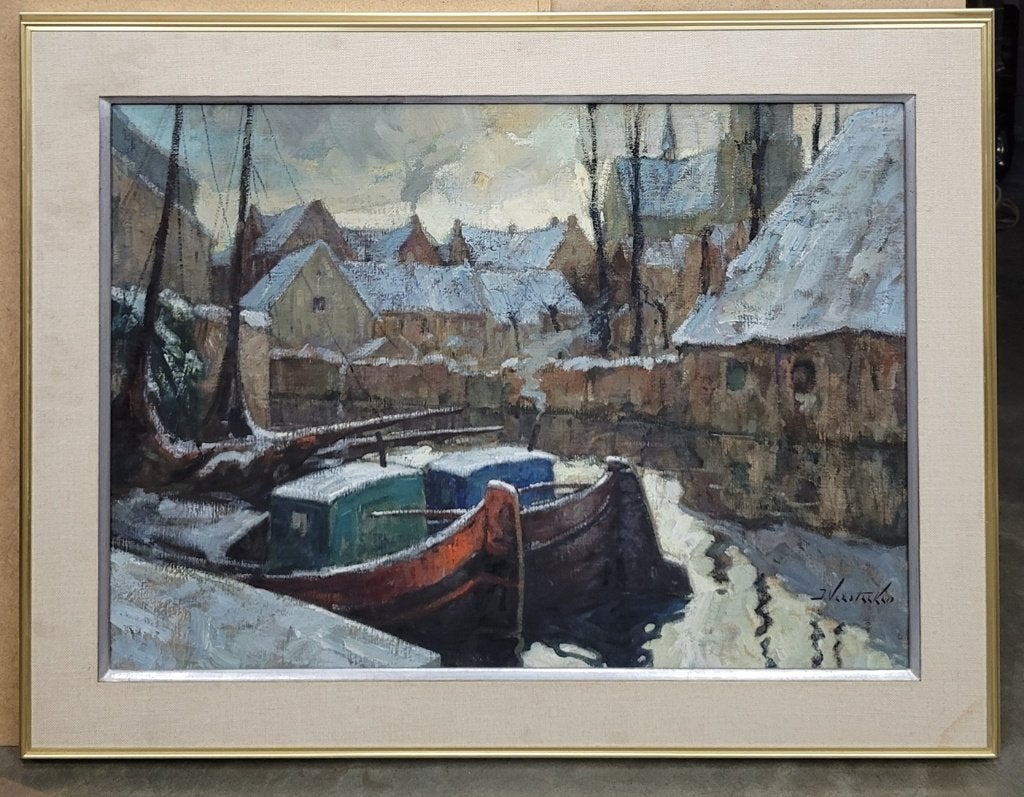 Jules VERSTTREKEN, aangemeerd in de sneeuw, Antiek en Kunst, Maritiem / water, Doek, Ophalen of Verzenden, Gesigneerd