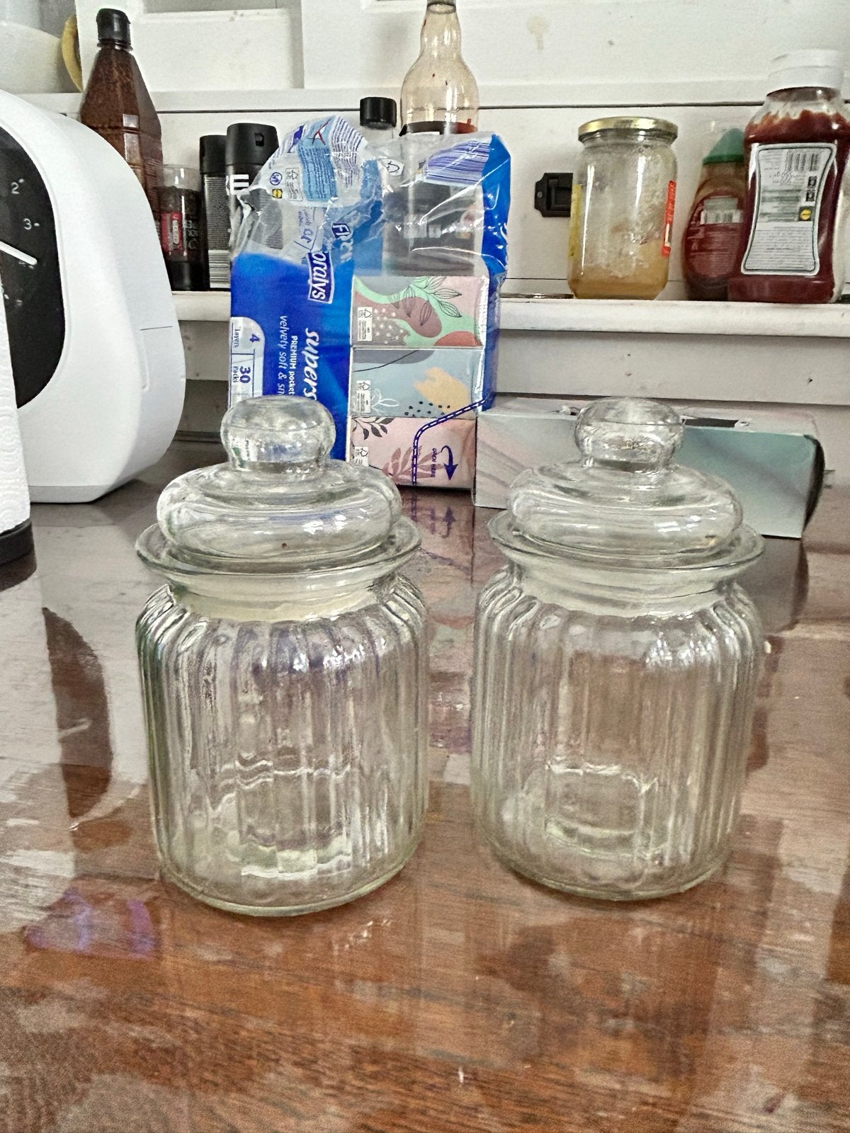 Set van 2 glazen voorraadpotten met deksel, Ophalen of Verzenden, Voorraadpot, Overige merken, Glas