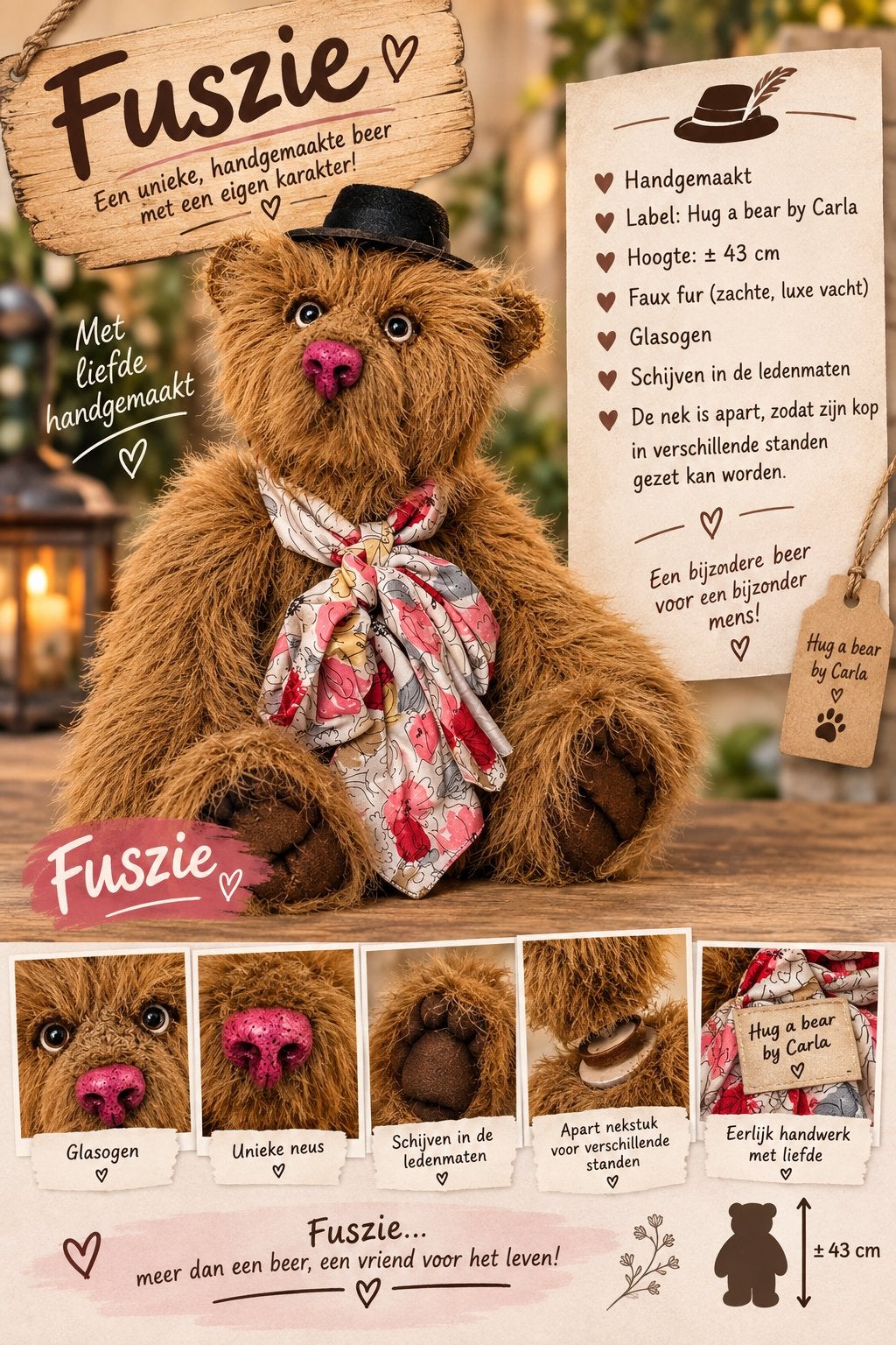 Fuszie handgemaakt "hug a bear by Carla", Verzamelen, Ophalen of Verzenden, Nieuw, Stoffen beer, Overige merken