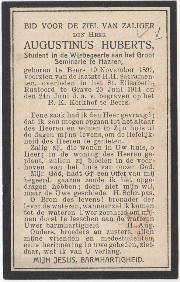 Augustinus Huberts 1891 Beers + 1914 Grave, 22 jaar oud, Verzenden