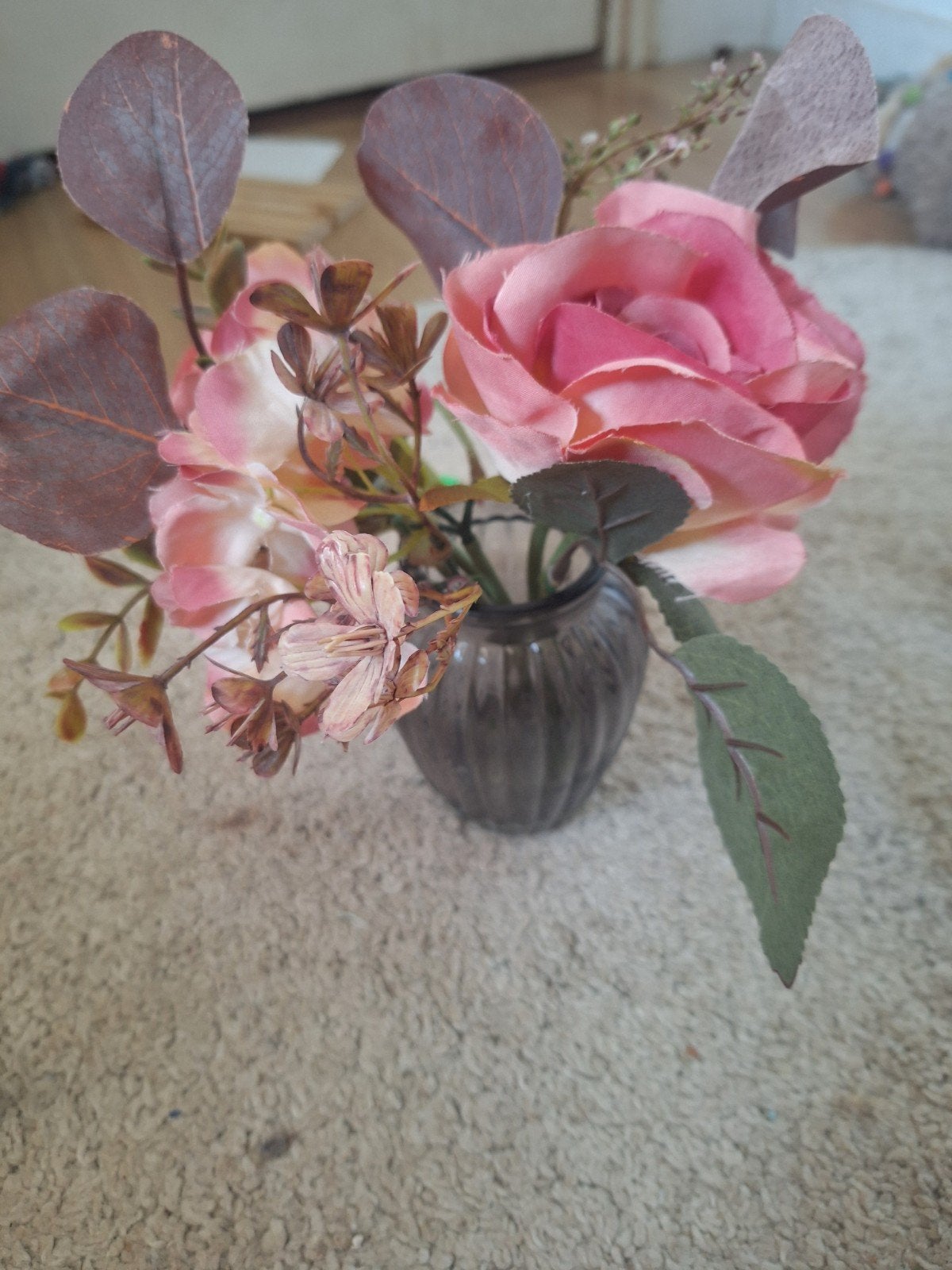 Mooi kunstbloemstukje in vaasje, Binnen, 15 cm, Roze, Kunstbloem