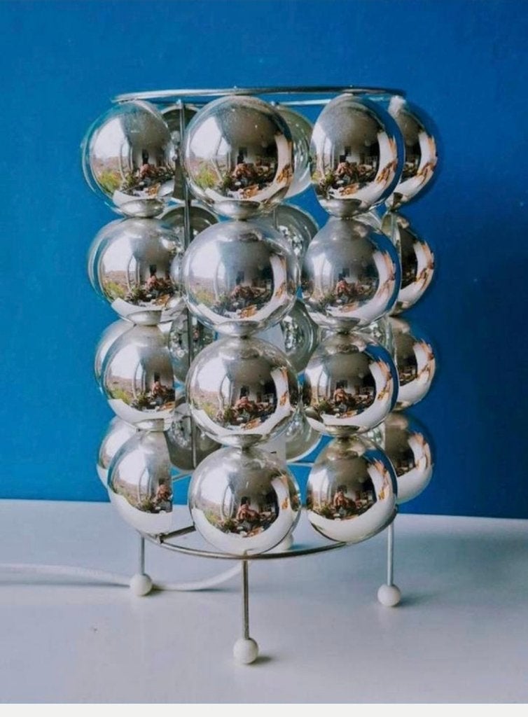 Space Age Kare Bulb tafellamp/ verchroomde halve bollen/80s, Gebruikt, Kare, Ophalen of Verzenden, Metaal