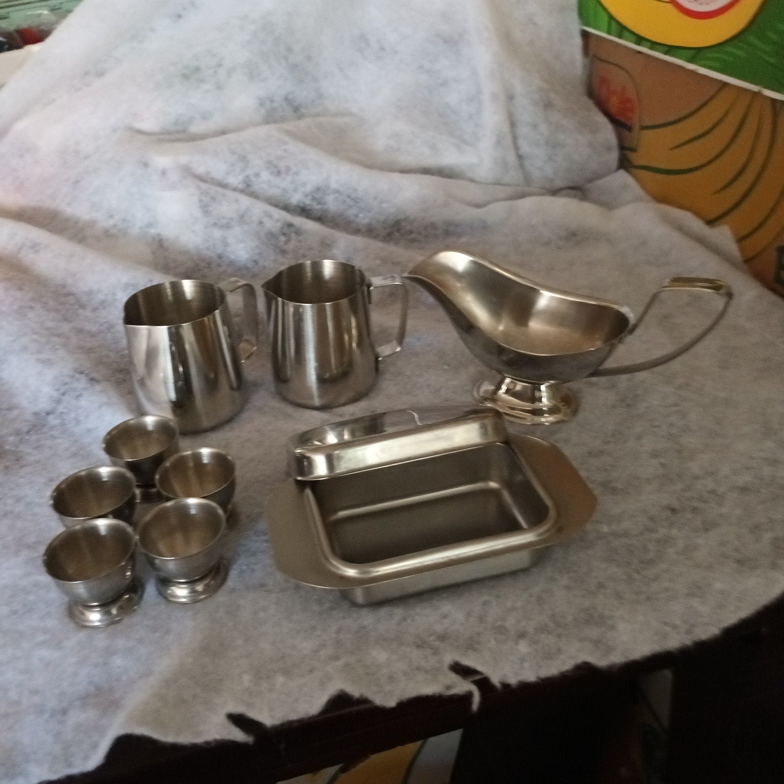 RVS Servies : Botervloot, Sauskom, Melkkannetjes, Eierdop, Ophalen of Verzenden, Gebruikt