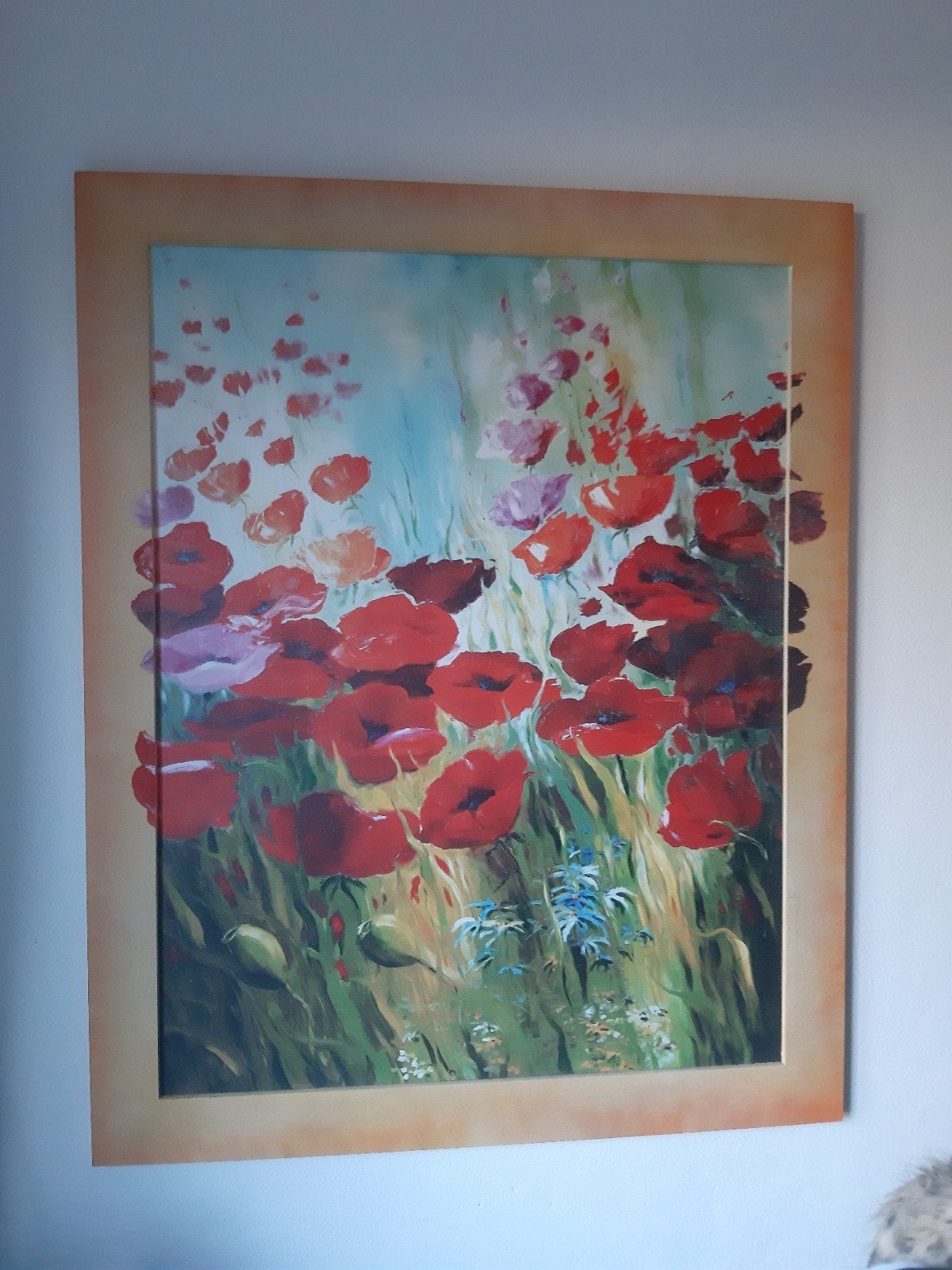Set van 3 handgeschilderde schilderijen met houten frame, Ingelijst, Olieverf, Ophalen, Bloemen