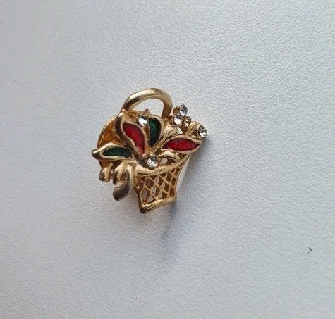 Vintage Bloemenmand Broche Goudkleurig Emaille Strass, Sieraden, Tassen en Uiterlijk, Ophalen of Verzenden, Zo goed als nieuw