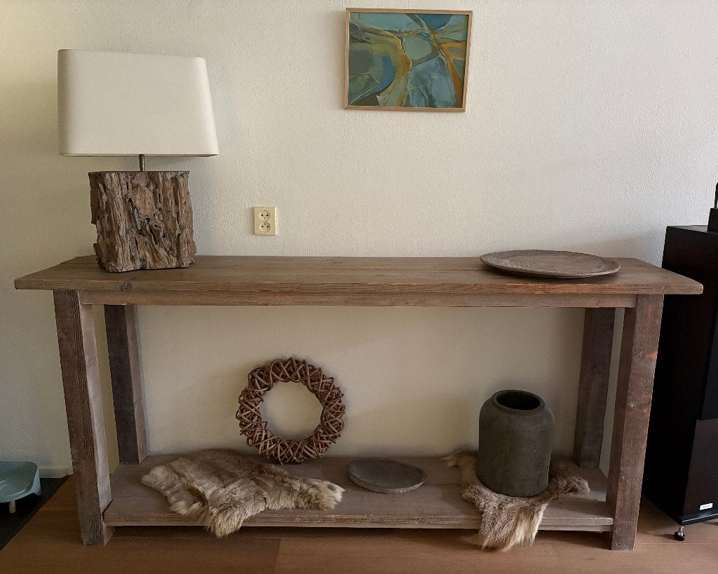 Sidetable vergrijsd stijgerhout + mooie lamp en accessoires, Ophalen, Gebruikt, 100 tot 150 cm, Overige houtsoorten