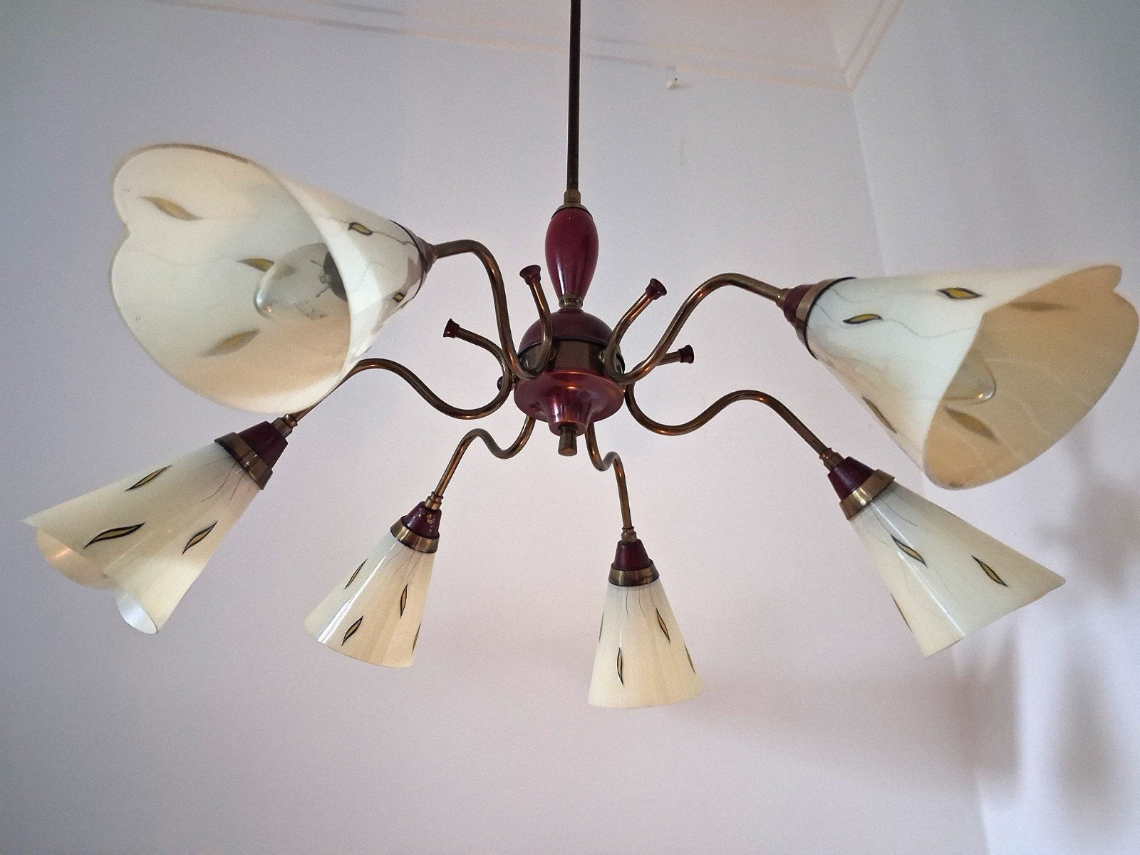 Vintage Kroonluchter met 6 Glazen Kapjes, Huis en Inrichting, Ophalen