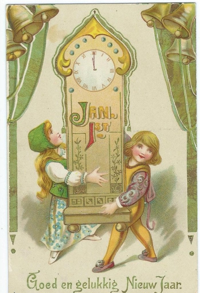 Antieke Nieuwjaarskaart: Kinderen met Klok (1915), Verzamelen, Ophalen of Verzenden, Voor 1920, Gelopen, Feest(dag)