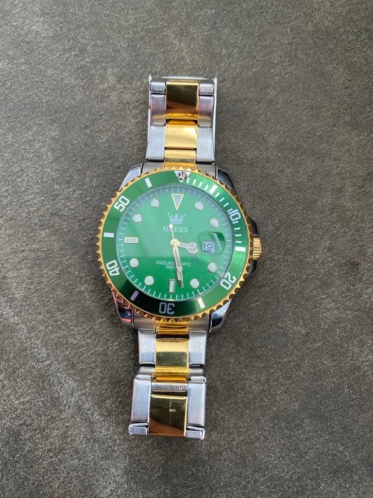 Olevs Horloge - Rolex Submariner Hommage Groen/Goud, Sieraden, Tassen en Uiterlijk, Horloges | Heren, Staal, Rolex, Polshorloge