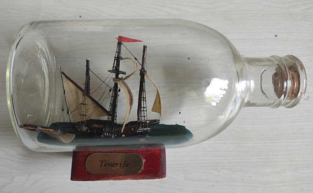 zeilschip in fles met kurk Tenerife, Ophalen of Verzenden, Zo goed als nieuw, Zeilboot, Schaalmodel