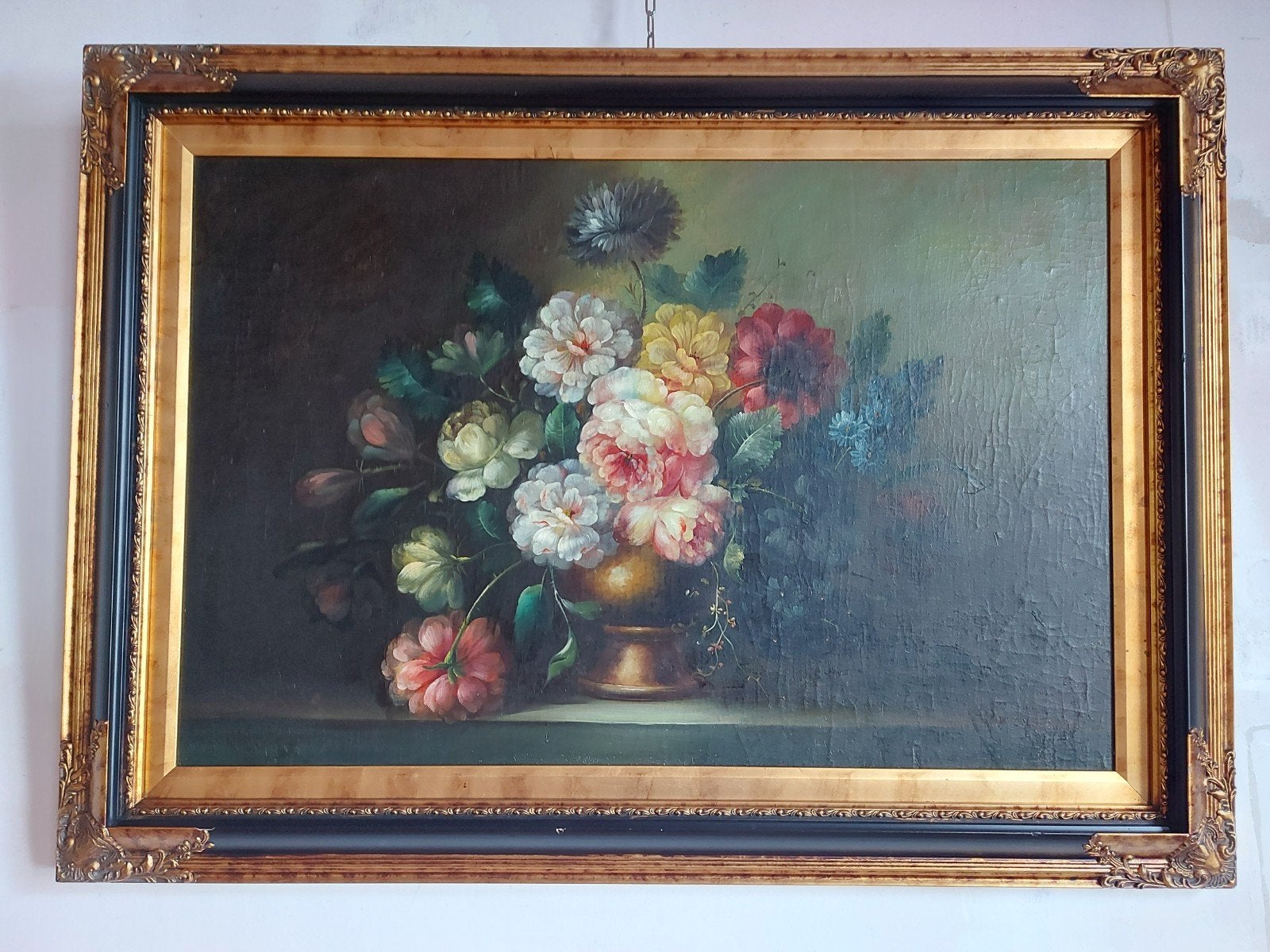Prachtig groot olieverf schilderij met bloemen en lijst, Ophalen, Klassiek, Bloemen
