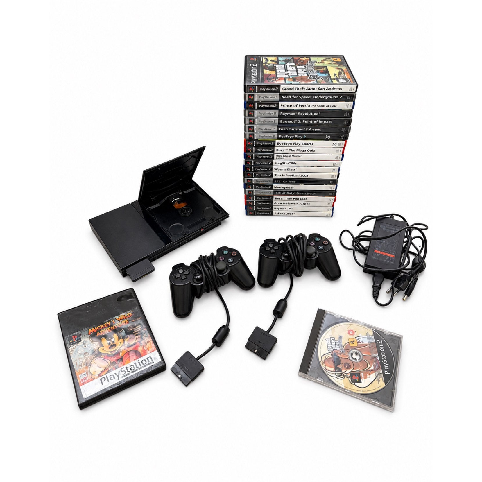 Sony PlayStation 2 Slim + 20 games + 8 Buzz controllers, 3 spelers of meer, Ophalen of Verzenden, Gebruikt
