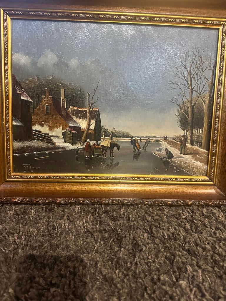 Schilderij Winterlandschap met Schaatsers, Ophalen of Verzenden