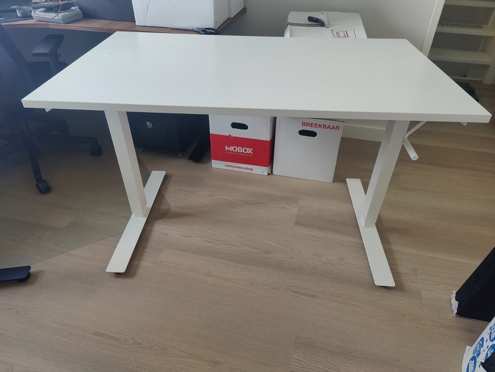 Wit in hoogte verstelbaar IKEA bureau, Ophalen, Zit-sta bureau, Gebruikt, Spaanplaat of MDF