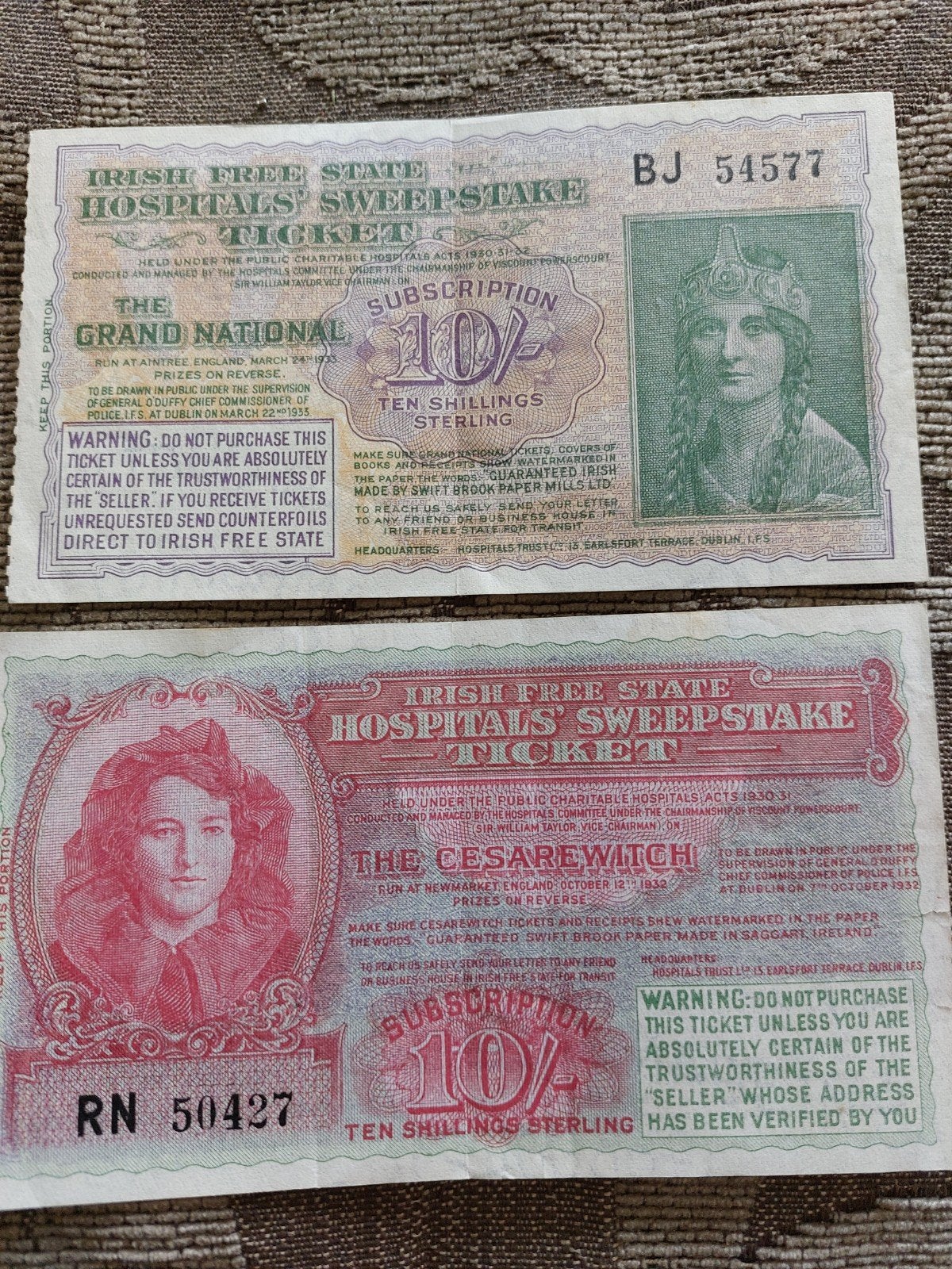 2 Ierse Vrijstaat Ziekenhuis Sweepstake Tickets 1932/1935, Postzegels en Munten, Ophalen of Verzenden