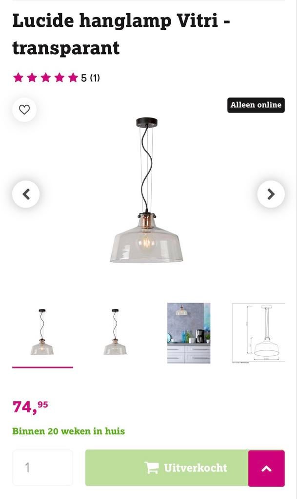 2 Lucide Hanglamp en 2 Lampen half prijs- Nieuw in doos, Ophalen, Nieuw, Glas, Minder dan 50 cm