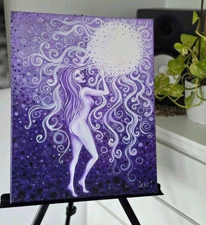 Handgeschilderd schilderij – vrouw en maan – 40x50 cm, Antiek en Kunst, Kunst | Schilderijen | Modern, Ophalen, Gesigneerd, Overige materialen