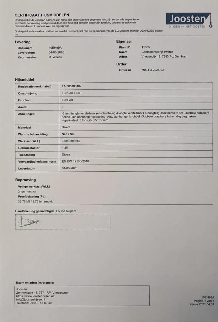 Hefmast HijsJib 3 ton NEDERLANDS hijscertificaat !