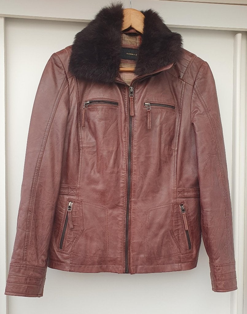 Leren jack Donna D met afknoopbare bontkraag - M/L, Maat 38/40 (M), Donna D, Bruin, Ophalen of Verzenden