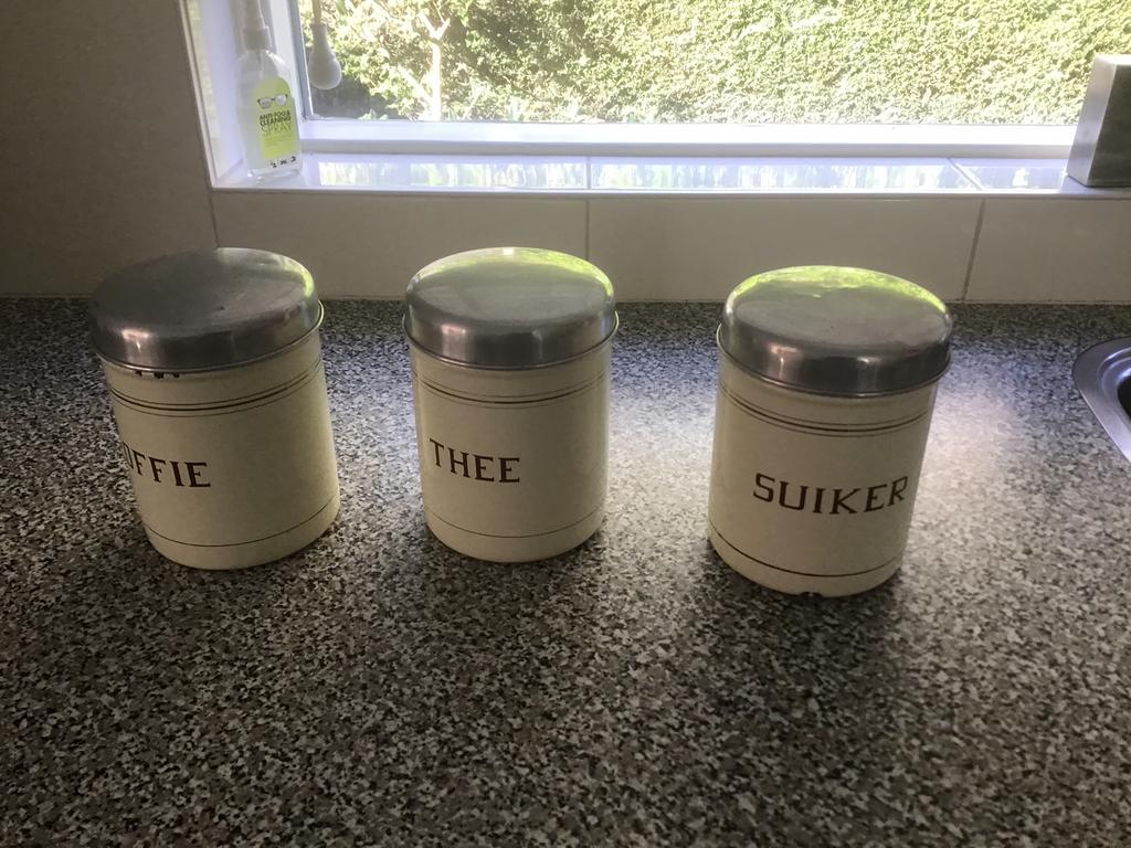 3 emaille koffie thee en suiker bussen., Antiek en Kunst, Ophalen of Verzenden
