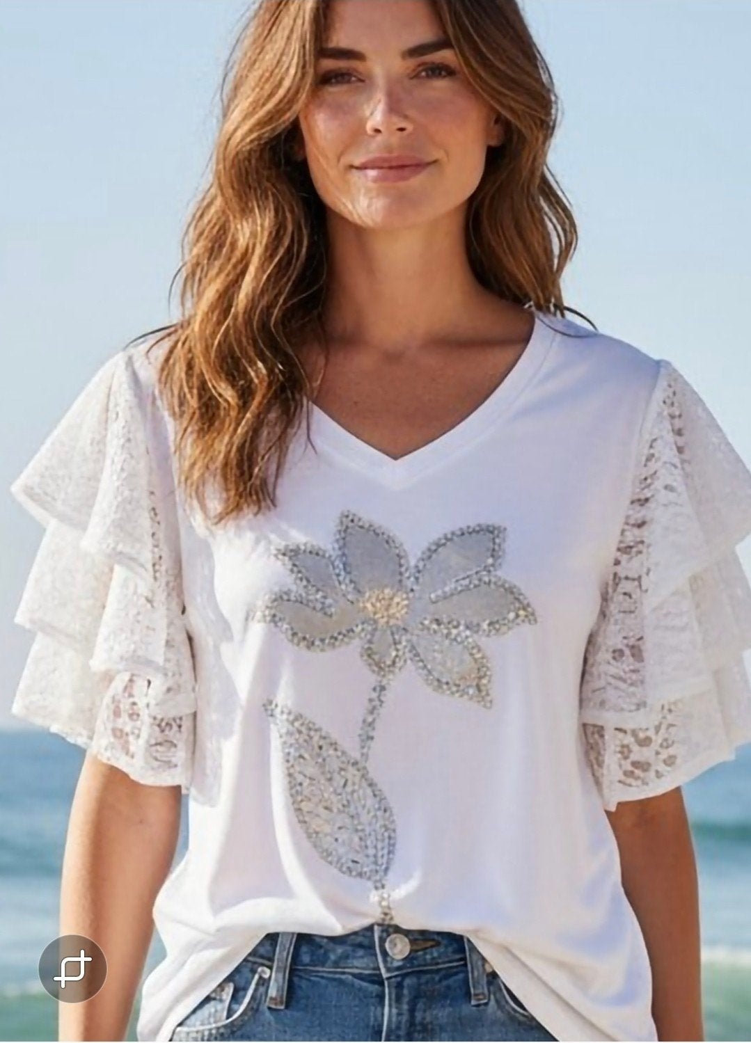 Top met glitter applicatie en kanten mouw - One Size, Davi-mode.nl, Wit, Nieuw, Ophalen of Verzenden