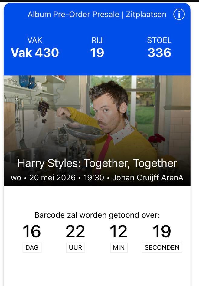 Harry Styles kaarten 20 mei, Twee personen, Ticket of Toegangskaart