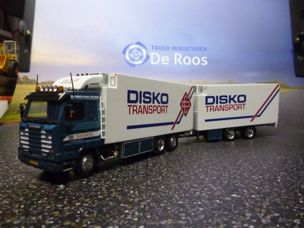 Tekno Scania 143 combi Disko Transport met certificaat, Hobby en Vrije tijd, Modelauto's | 1:50, Ophalen of Verzenden, Nieuw, Bus of Vrachtwagen