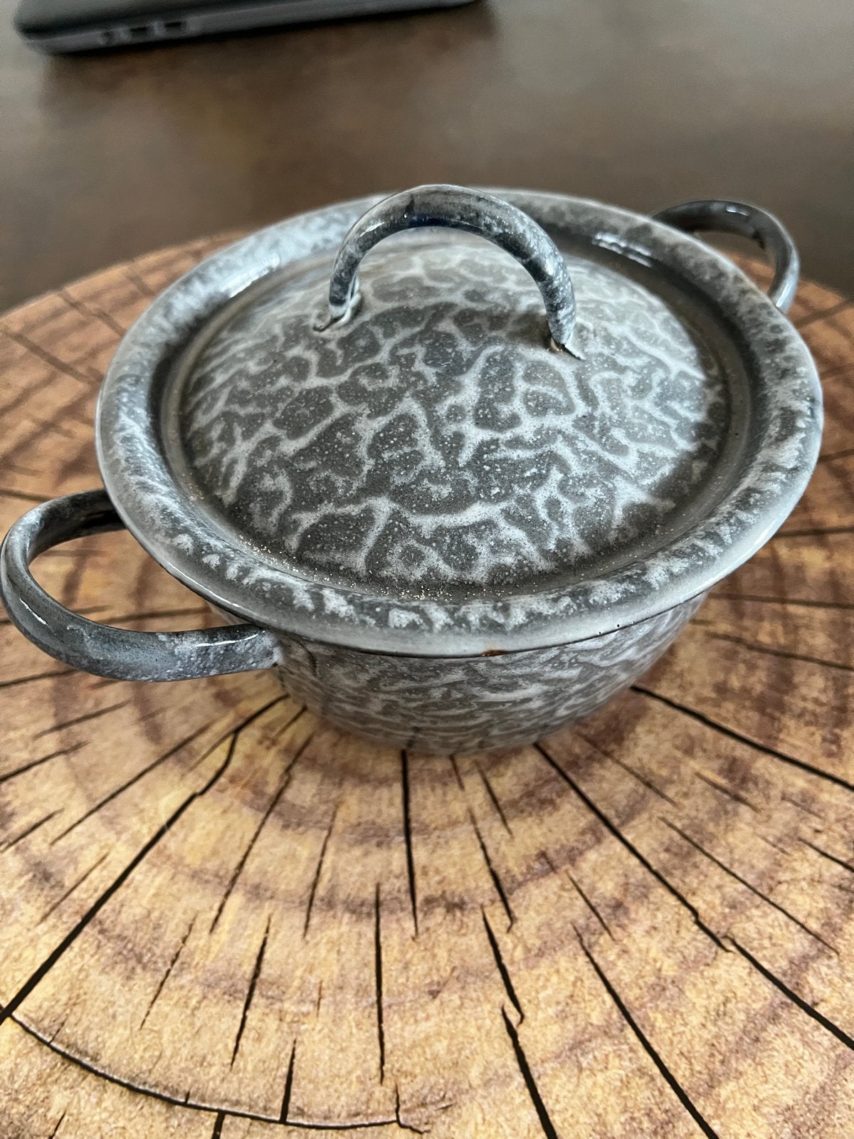 Vintage geëmailleerde pan met deksel - grijs gespikkeld, Ophalen of Verzenden