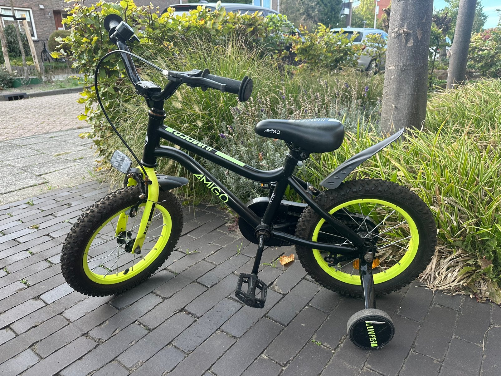14 ich kinderfiets met zijwielen, Fietsen en Brommers, Ophalen, Terugtraprem, Zijwieltjes, Minder dan 16 inch