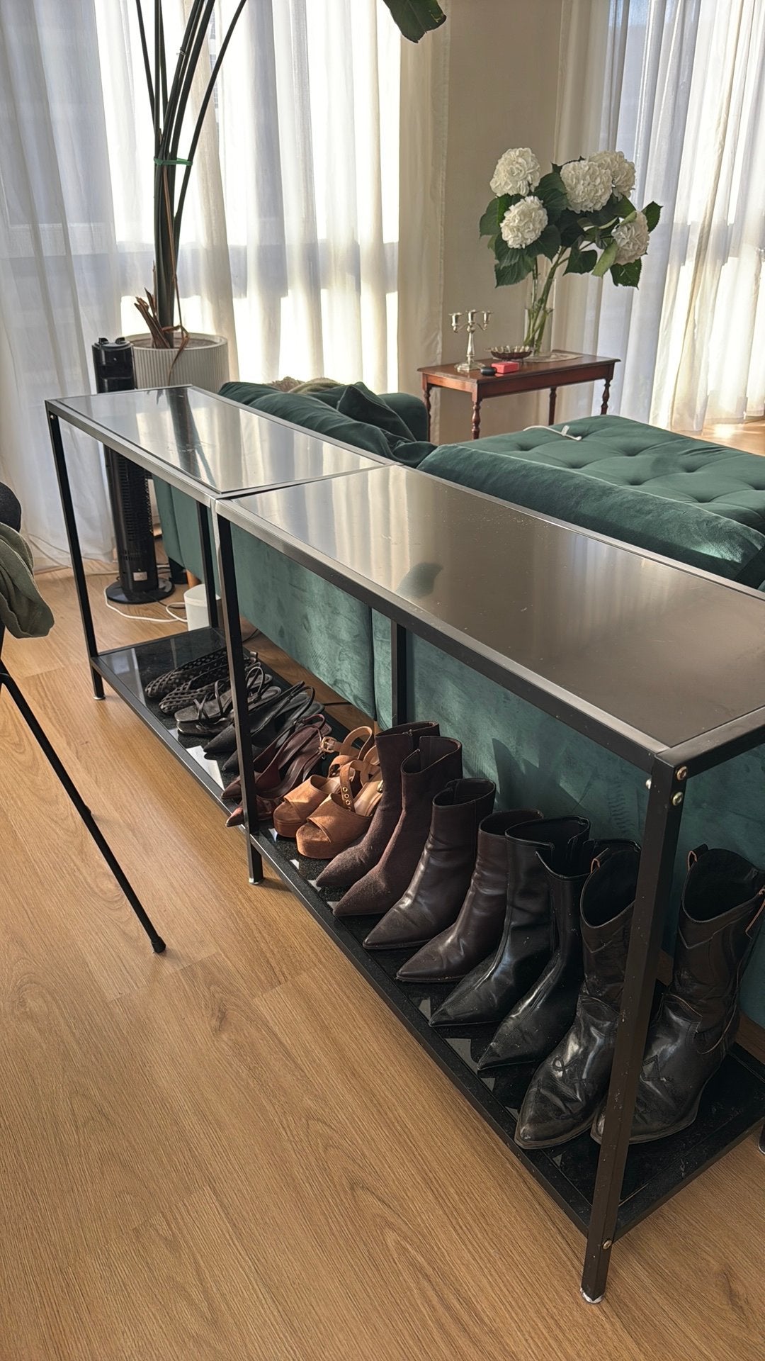 Wandtafel / sidetable 200 cm – glas & zwart staal, Ophalen, 200 cm of meer, Glas, Zo goed als nieuw