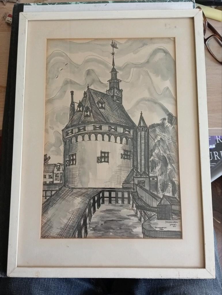 Originele pentekening aquarel Hoofdtoren in Hoorn 1964, Ophalen of Verzenden