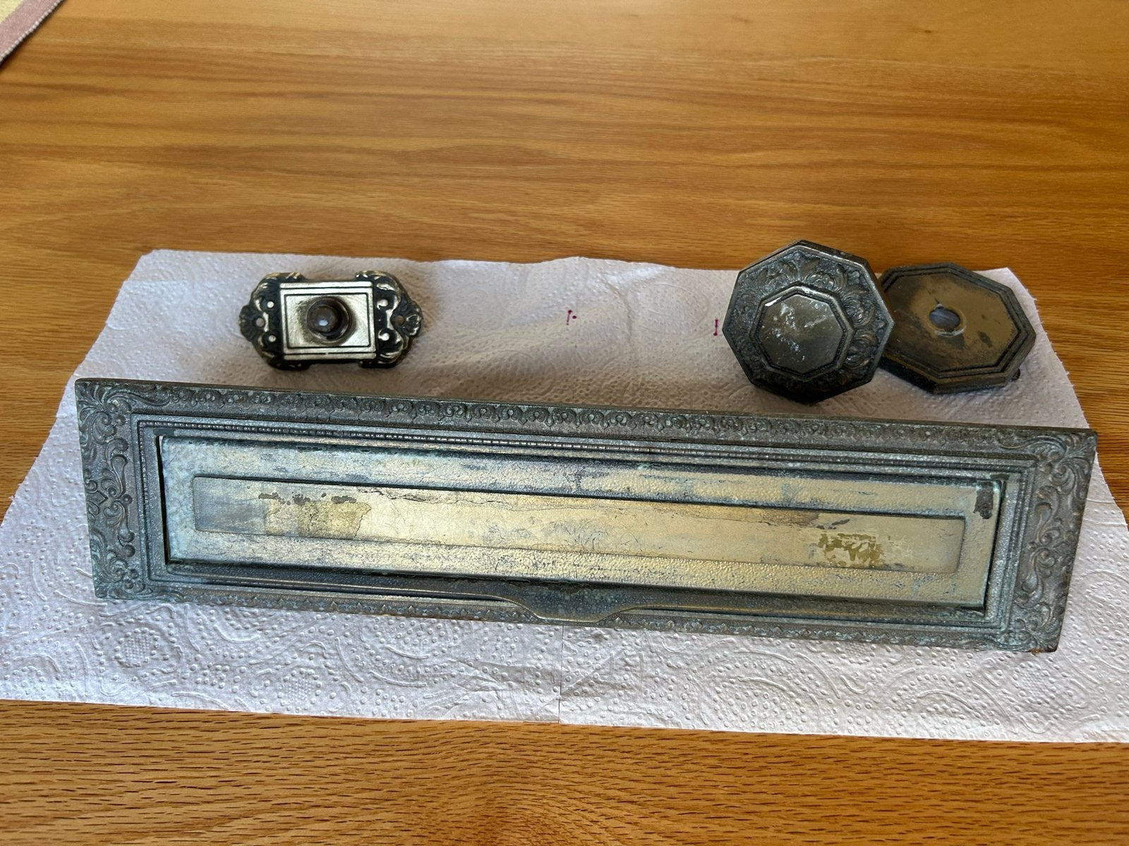 Antieke brievenbusklep, deurbel en deurknop set, Ophalen of Verzenden, Gebruikt